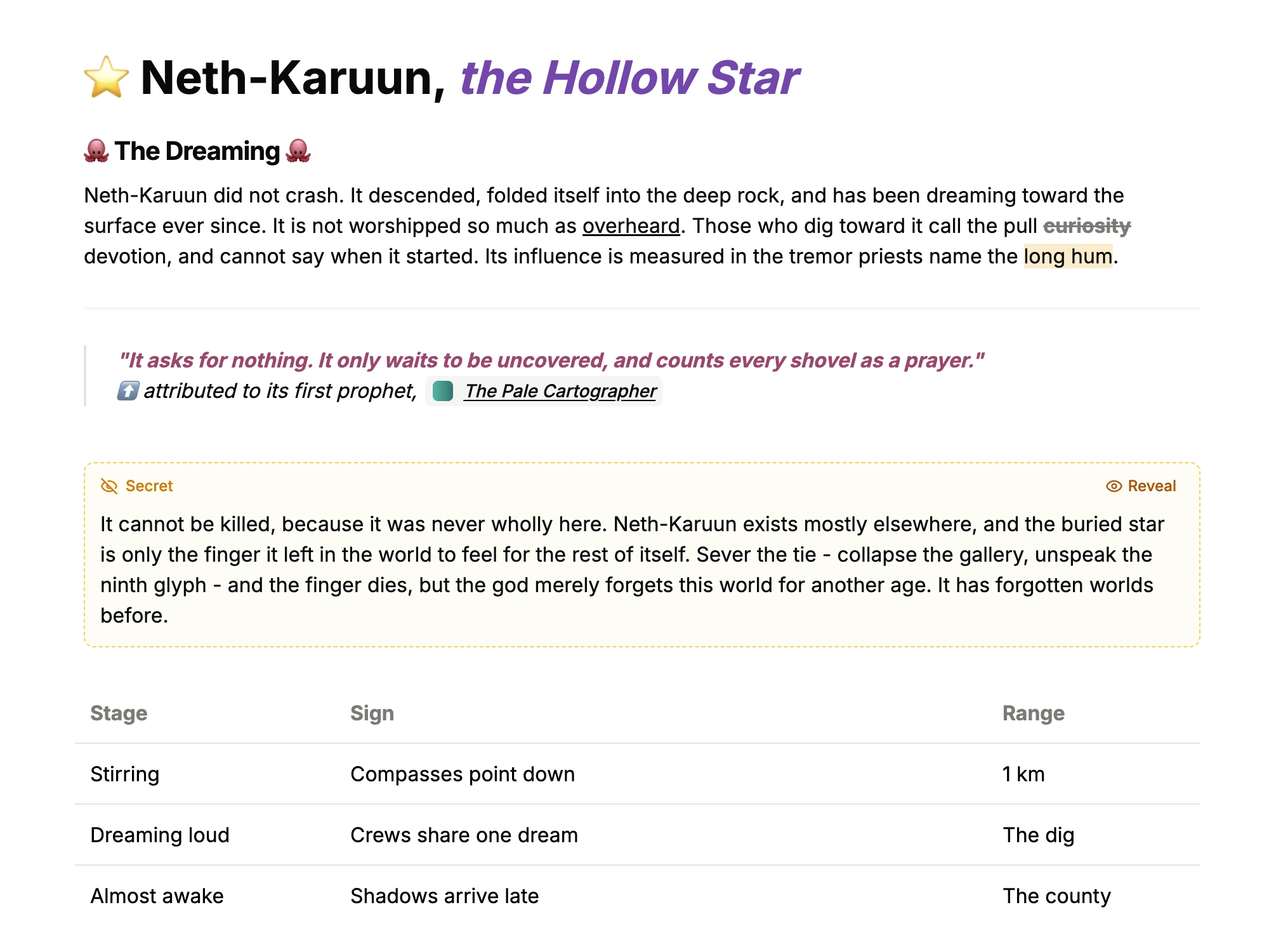 A deity page: rich text, a quote with an @mention, a secret callout, and a table